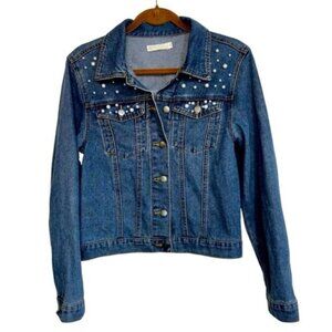 Untamed Petals Denim Jean Jacket Pearl Accents Medium
